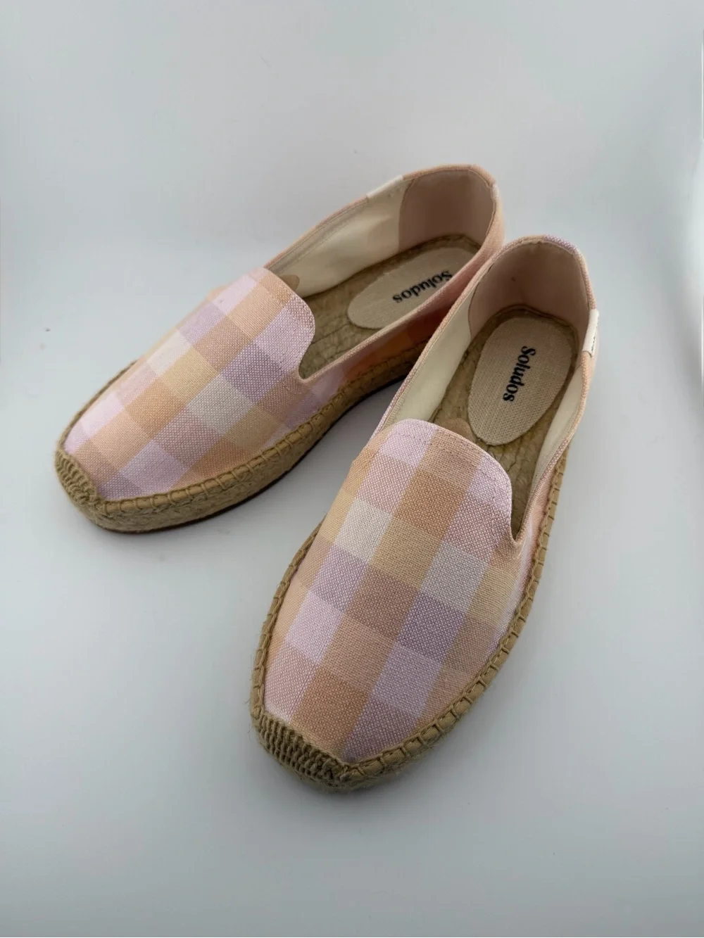 Soludos Pink and Tan Plaid Espadrille Slip-Ons